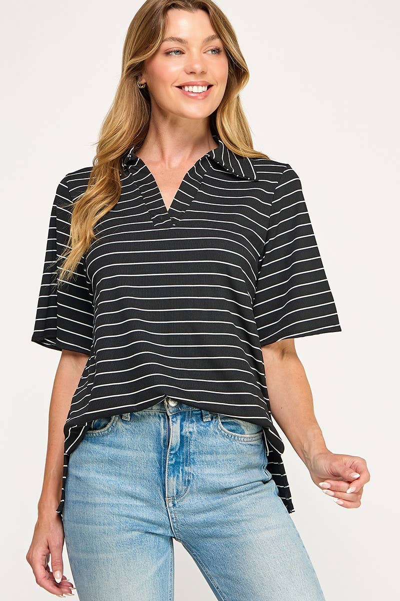 T4019 Stripe Collared Top