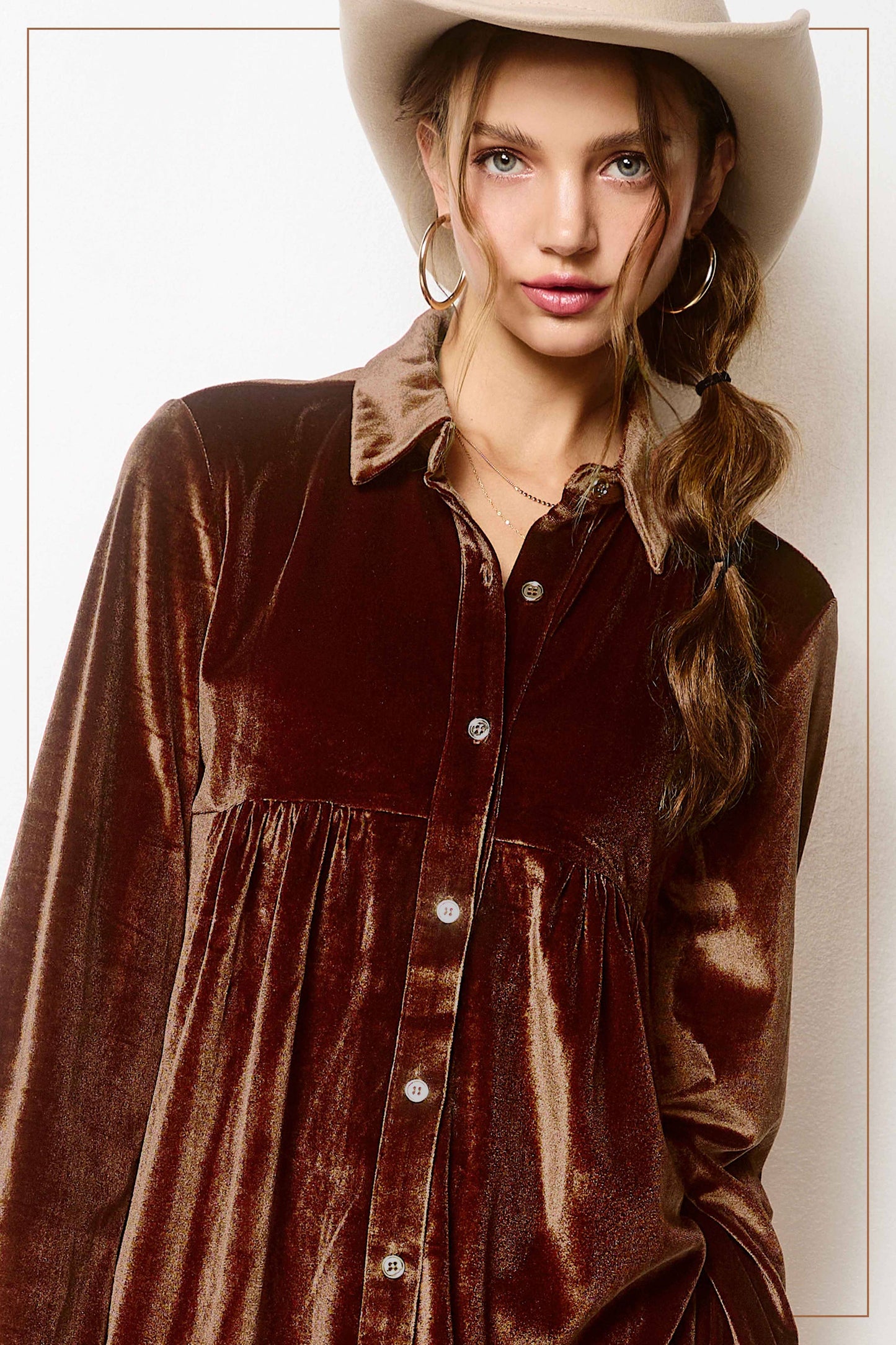 HCD9315-Soft Velvety Button Down Collar Dress