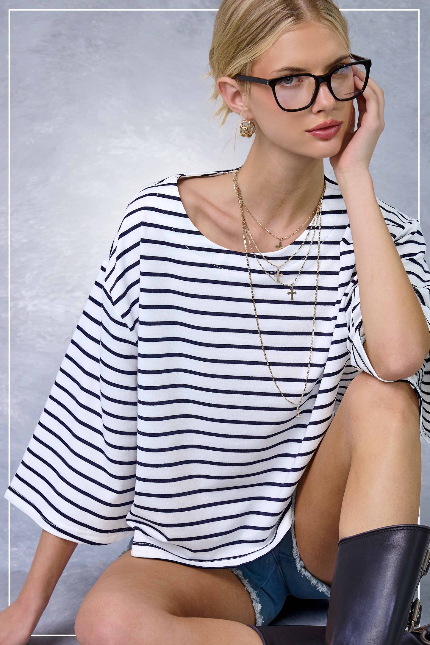 HDT7723-Striped Semi Crop Top women’s shirt with 3/4 Bell Sleeves