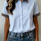 Shirts Women’s Leopard Trim Striped Button-Down Short Sleeve Shirt P-419
