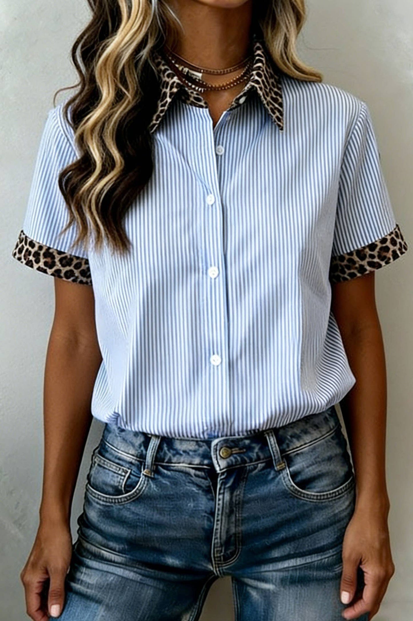 Shirts Women’s Leopard Trim Striped Button-Down Short Sleeve Shirt P-419