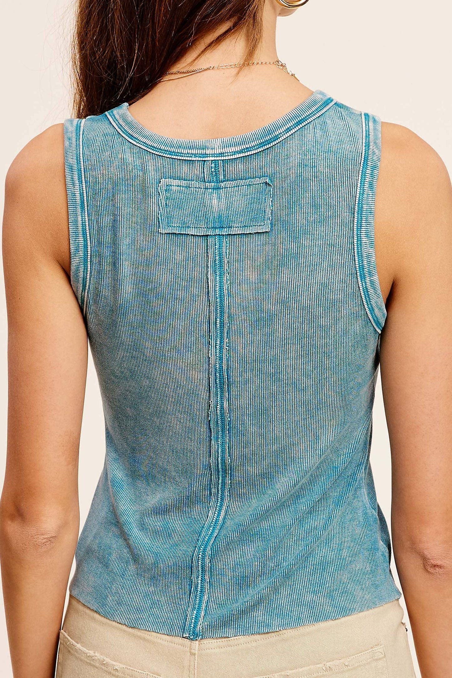 Shirts Women’s HCT7694Mineral Washed Back Patch Detail Breathable Tank Top