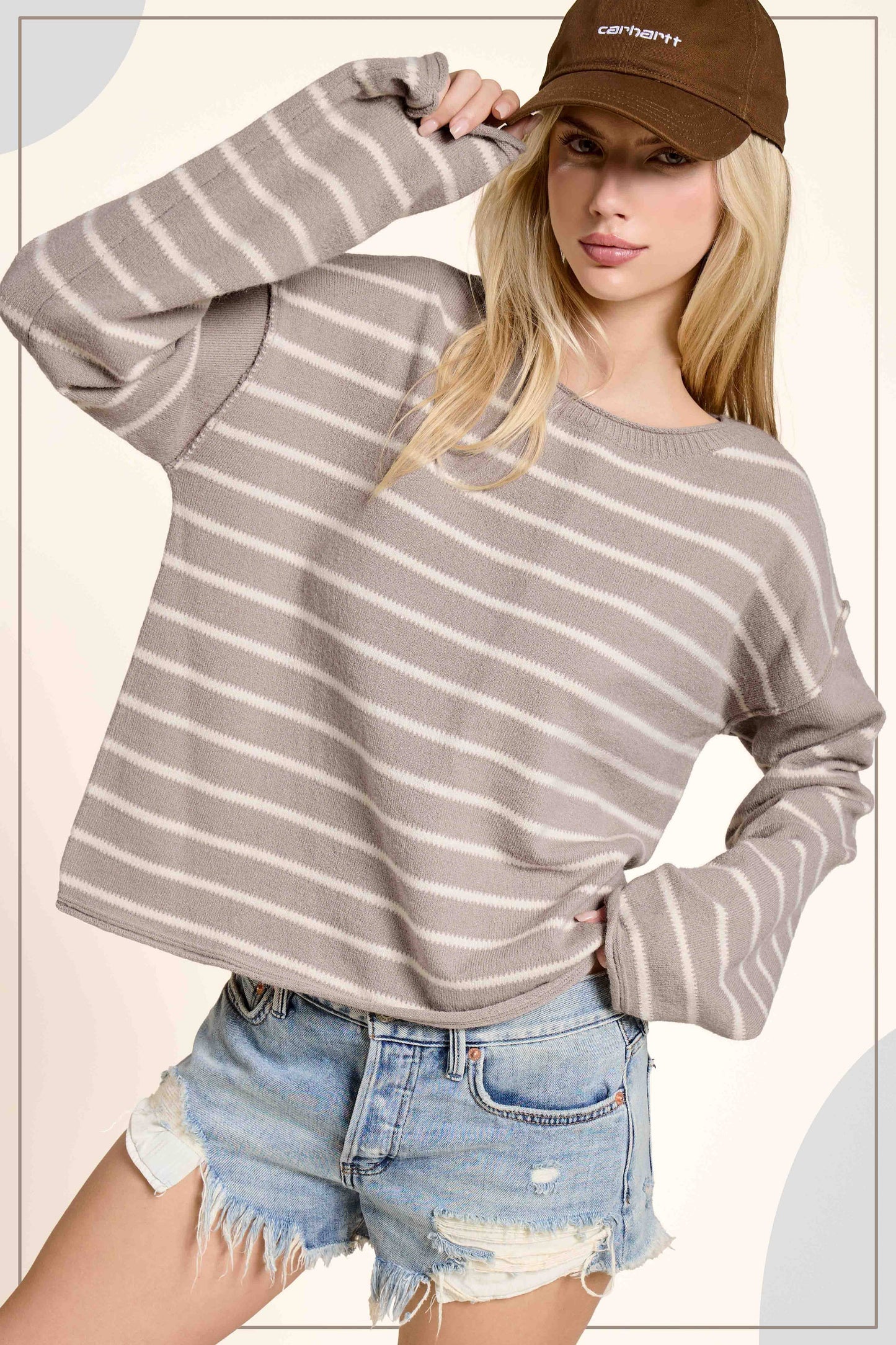 MCS3588-Striped Round Neck Loose Fit Long Sleeve Sweater