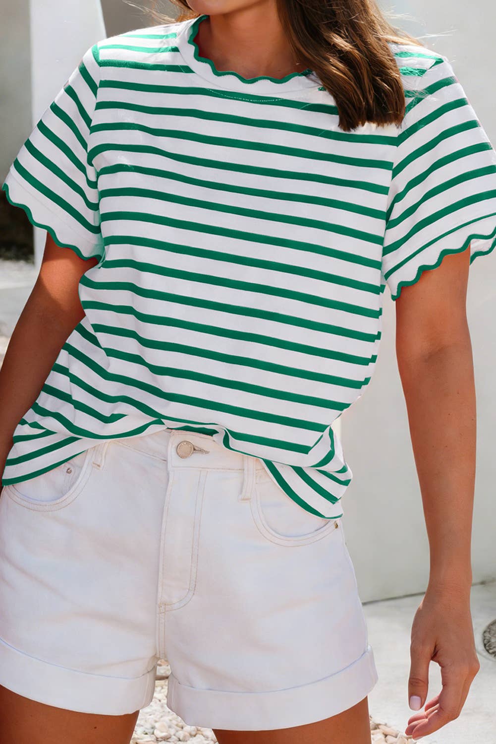 Shirts Women’s LDC Spring Scalloped Trim Round Neck Stripe T Shirt P219 P319
