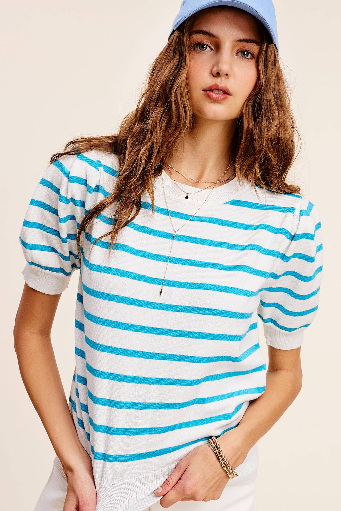 Shirts Women’s Lightweight Puff Short Sleeve Stripe Knit Top JCS3562