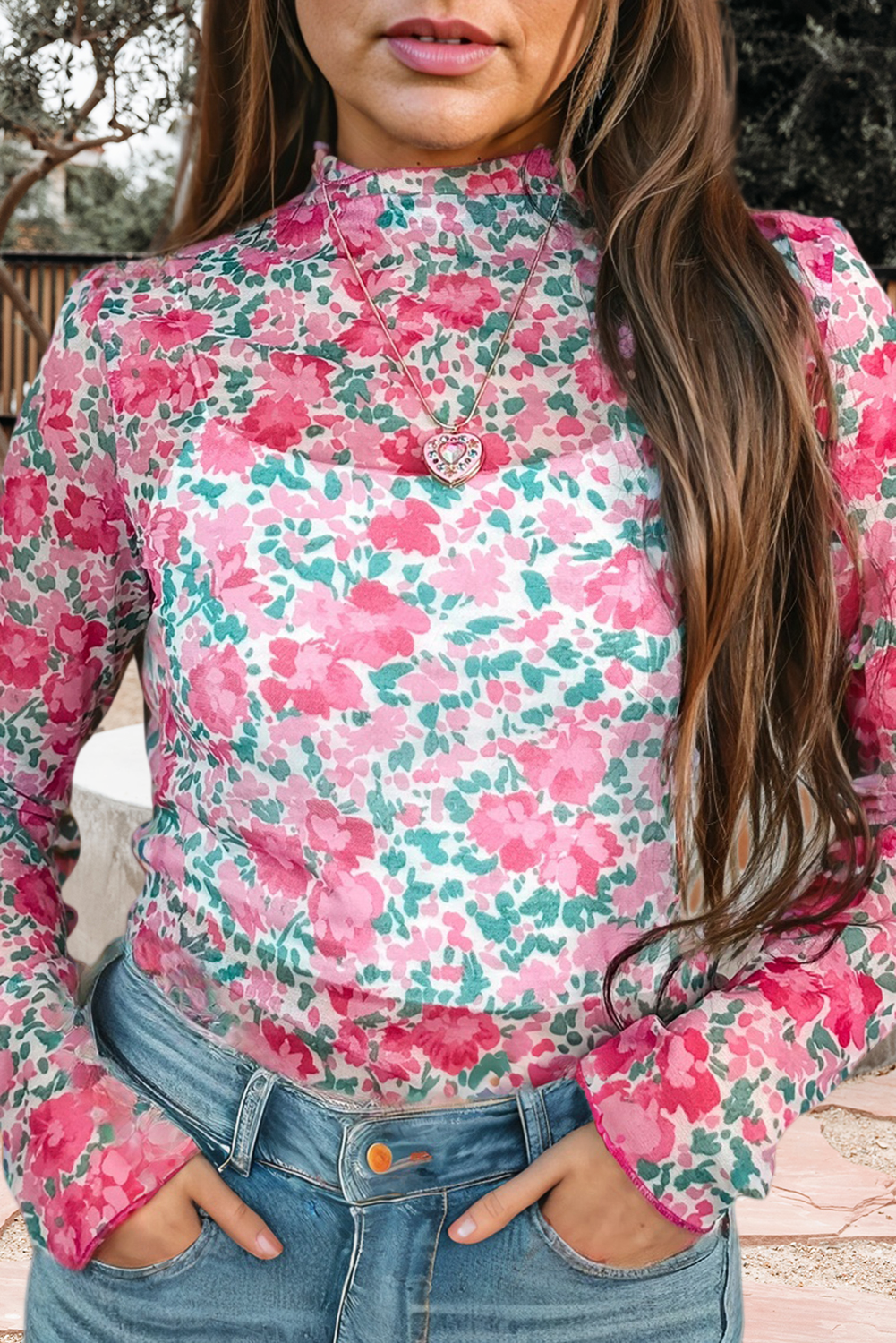 Shirts Women’s Floral Western Mesh Mock Neck Sheer Slim Fit Blouse P1015