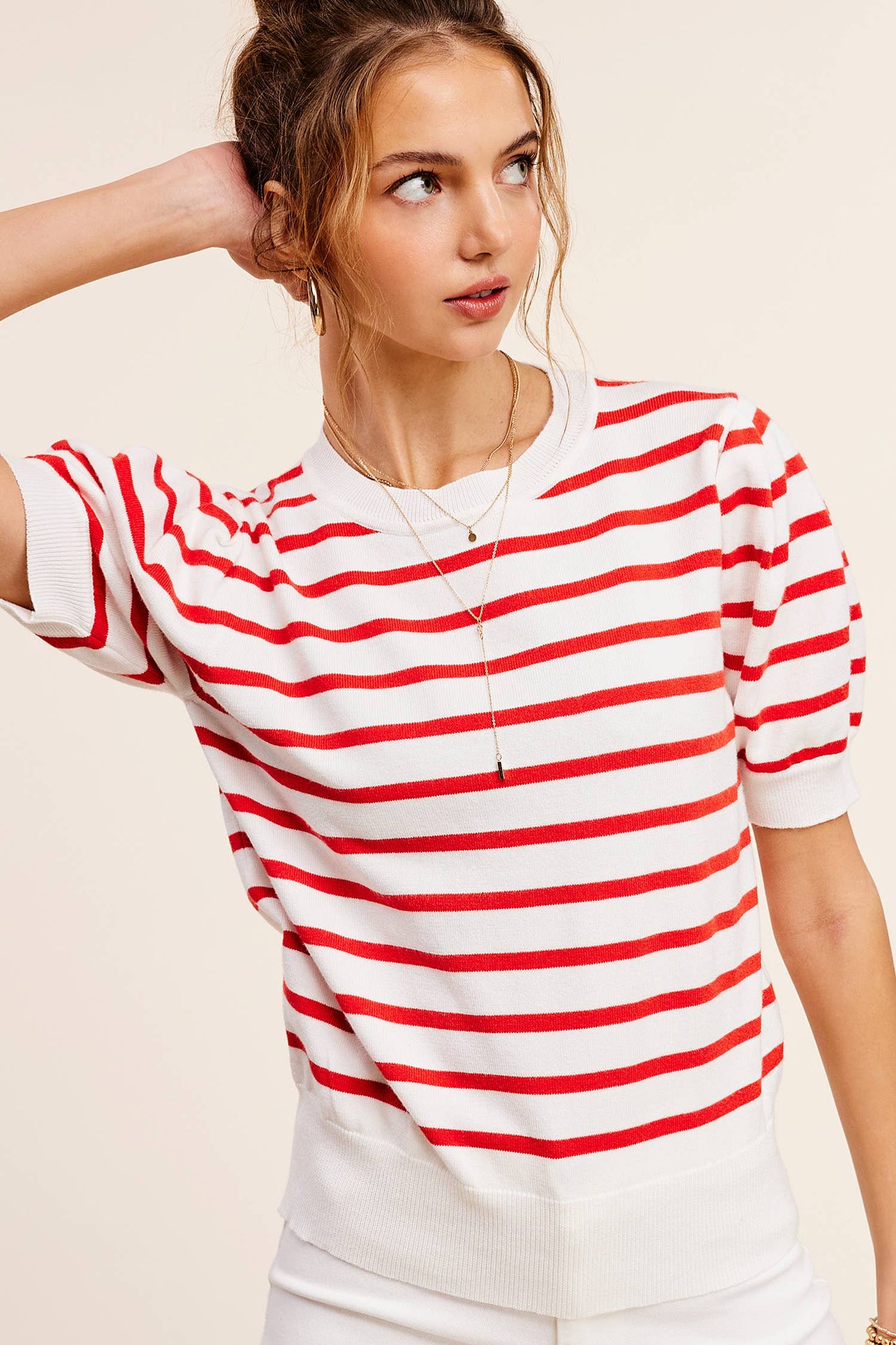 Shirts Women’s Lightweight Puff Short Sleeve Stripe Knit Top JCS3562