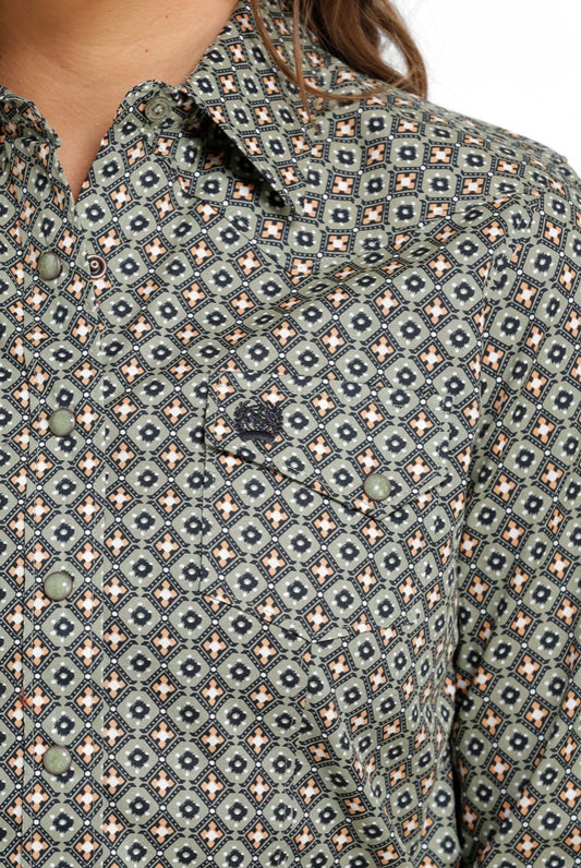 Shirt Women’s Cinch Long Sleeve Olive Print MSW9201044