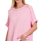 8451 Textured Line Short Cuff Sleeve Raw Edge Top