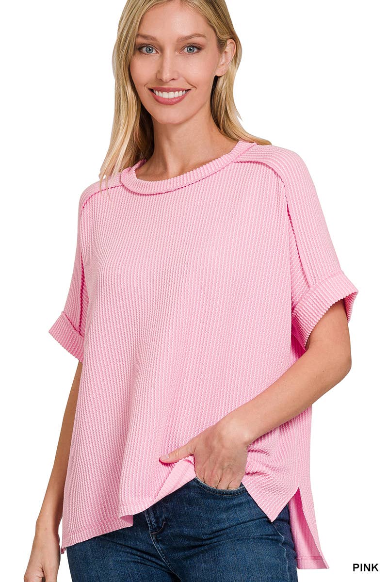 8451 Textured Line Short Cuff Sleeve Raw Edge Top