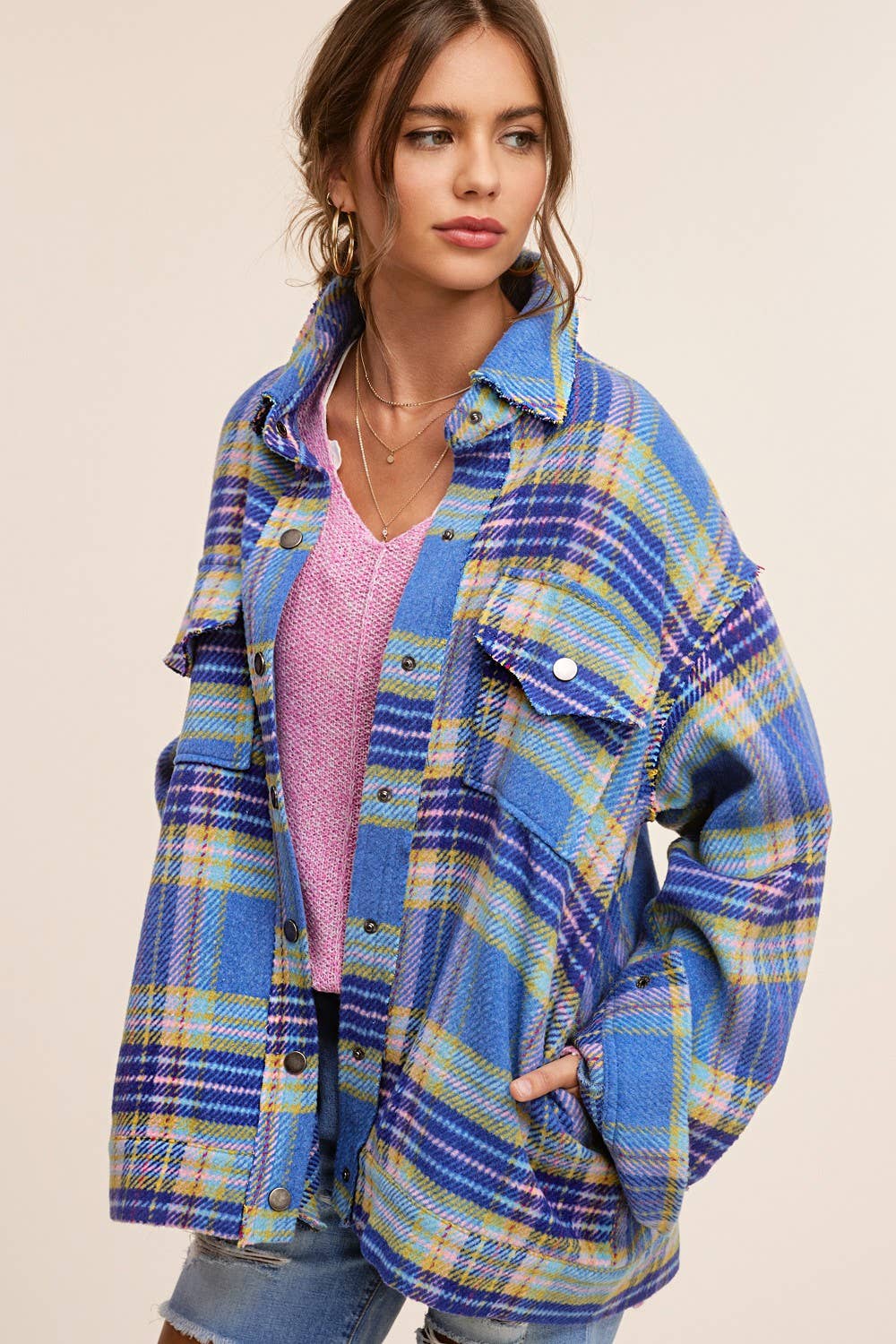 Outerwear Loose Fit Plaid Button Down Shacket with  Pockets JKT1797