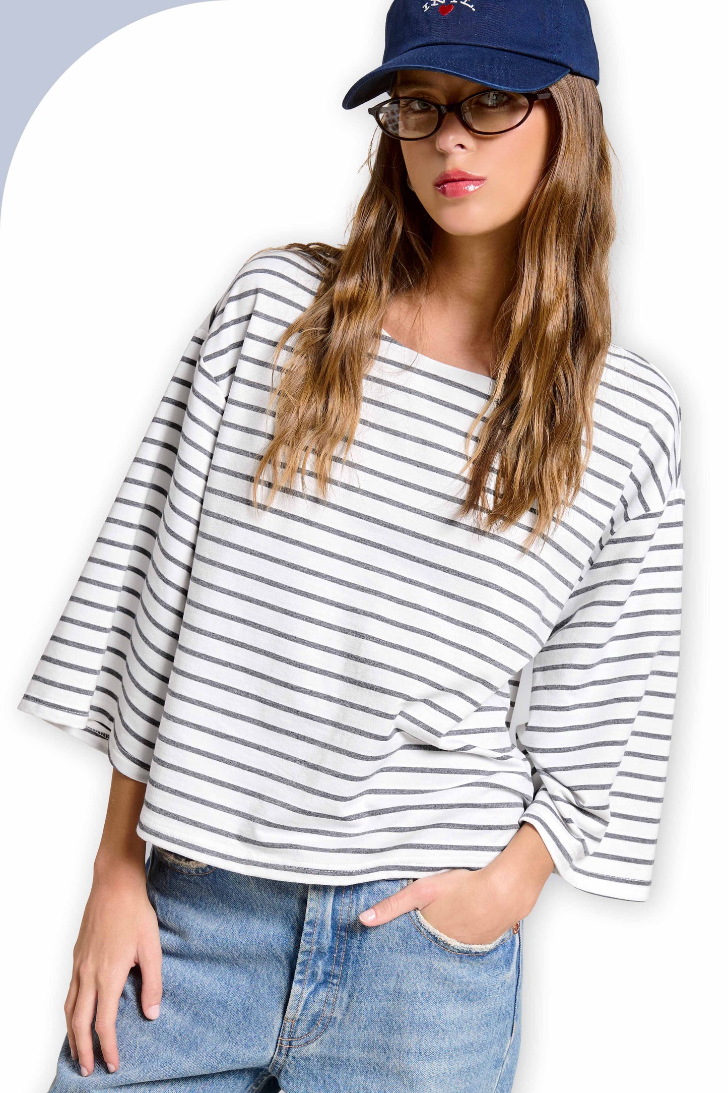 HDT7723-Striped Semi Crop Top women’s shirt with 3/4 Bell Sleeves