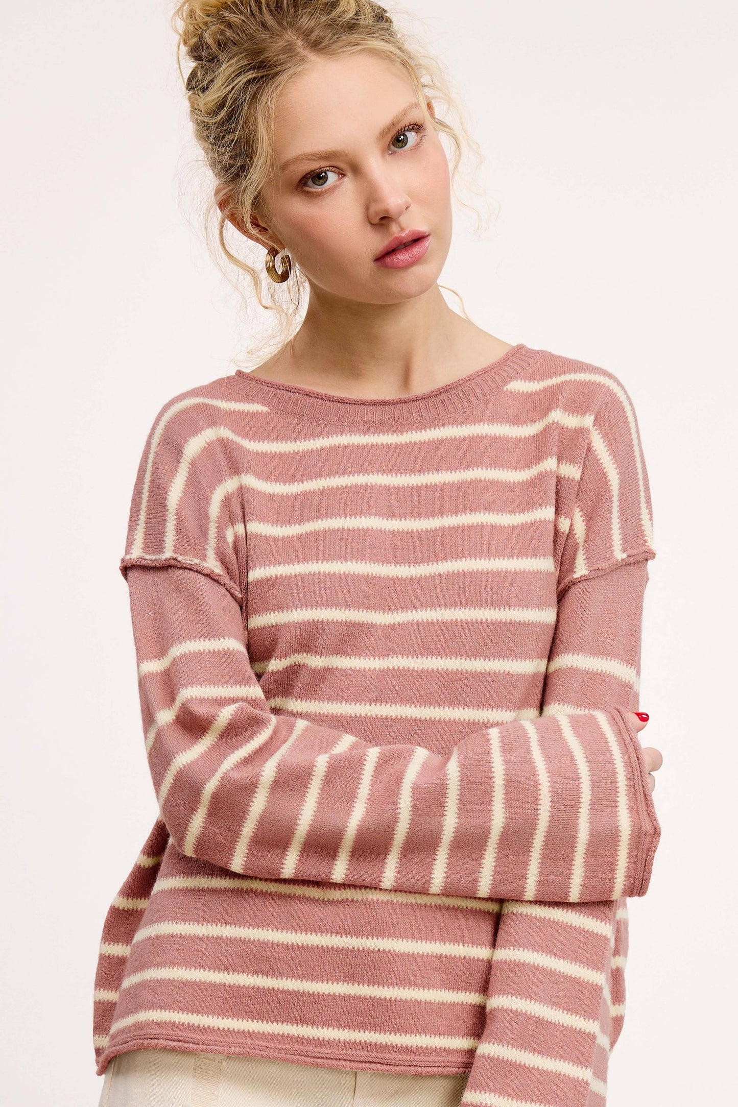 MCS3588-Striped Round Neck Loose Fit Long Sleeve Sweater