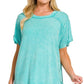 8393A Washed Ribbed Short Sleeve Boat-neck Top