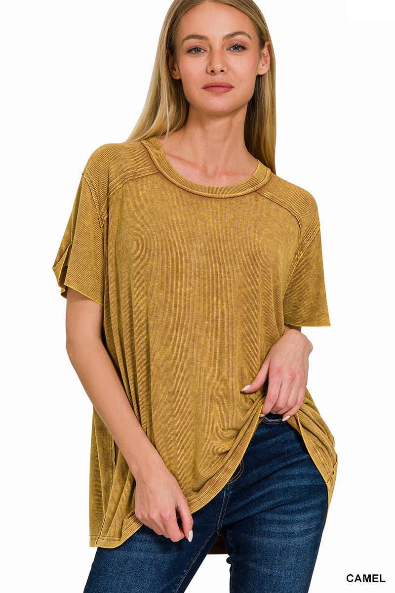 Washed Ribbed Short Sleeve Boat-neck Top 8393a