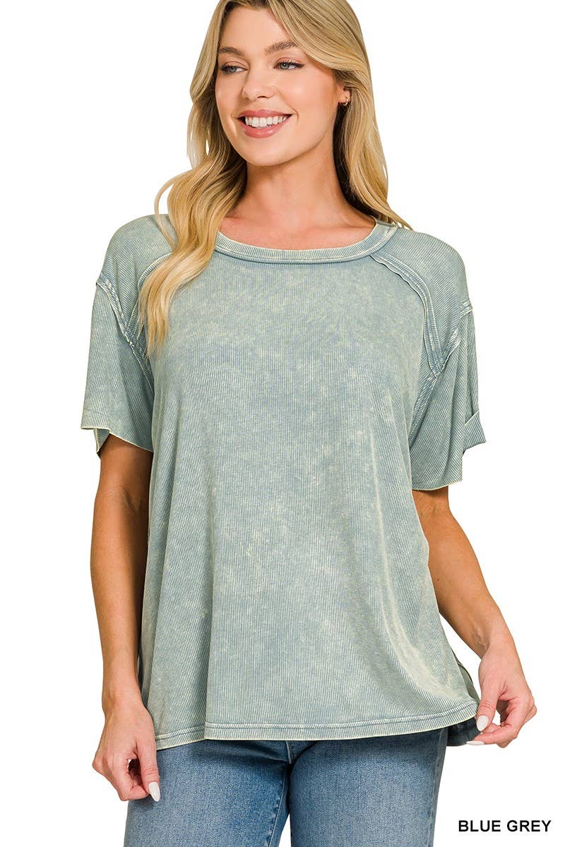 8393A Washed Ribbed Short Sleeve Boat-neck Top