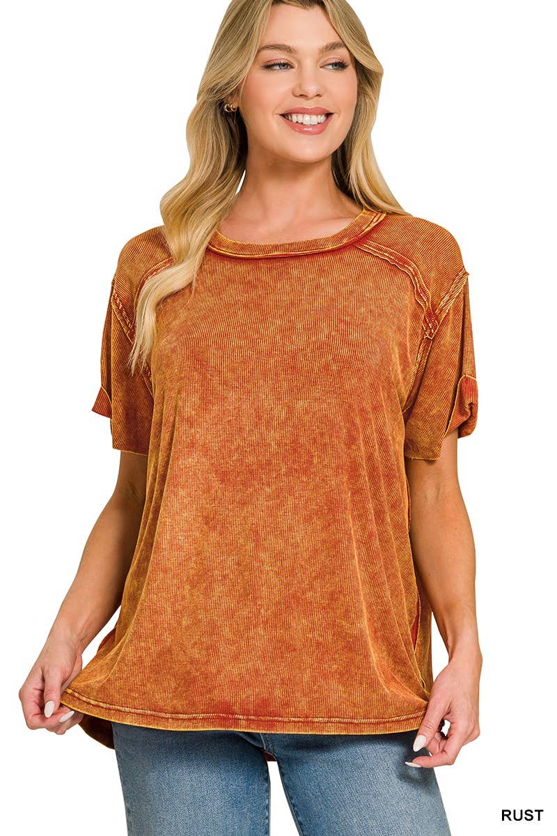 8393A Washed Ribbed Short Sleeve Boat-neck Top