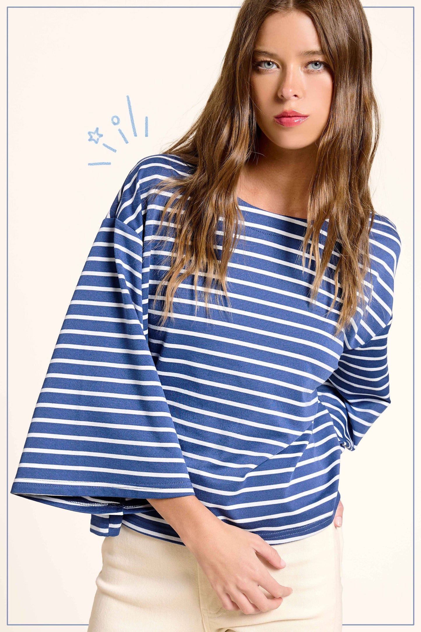 HDT7723-Striped Semi Crop Top women’s shirt with 3/4 Bell Sleeves