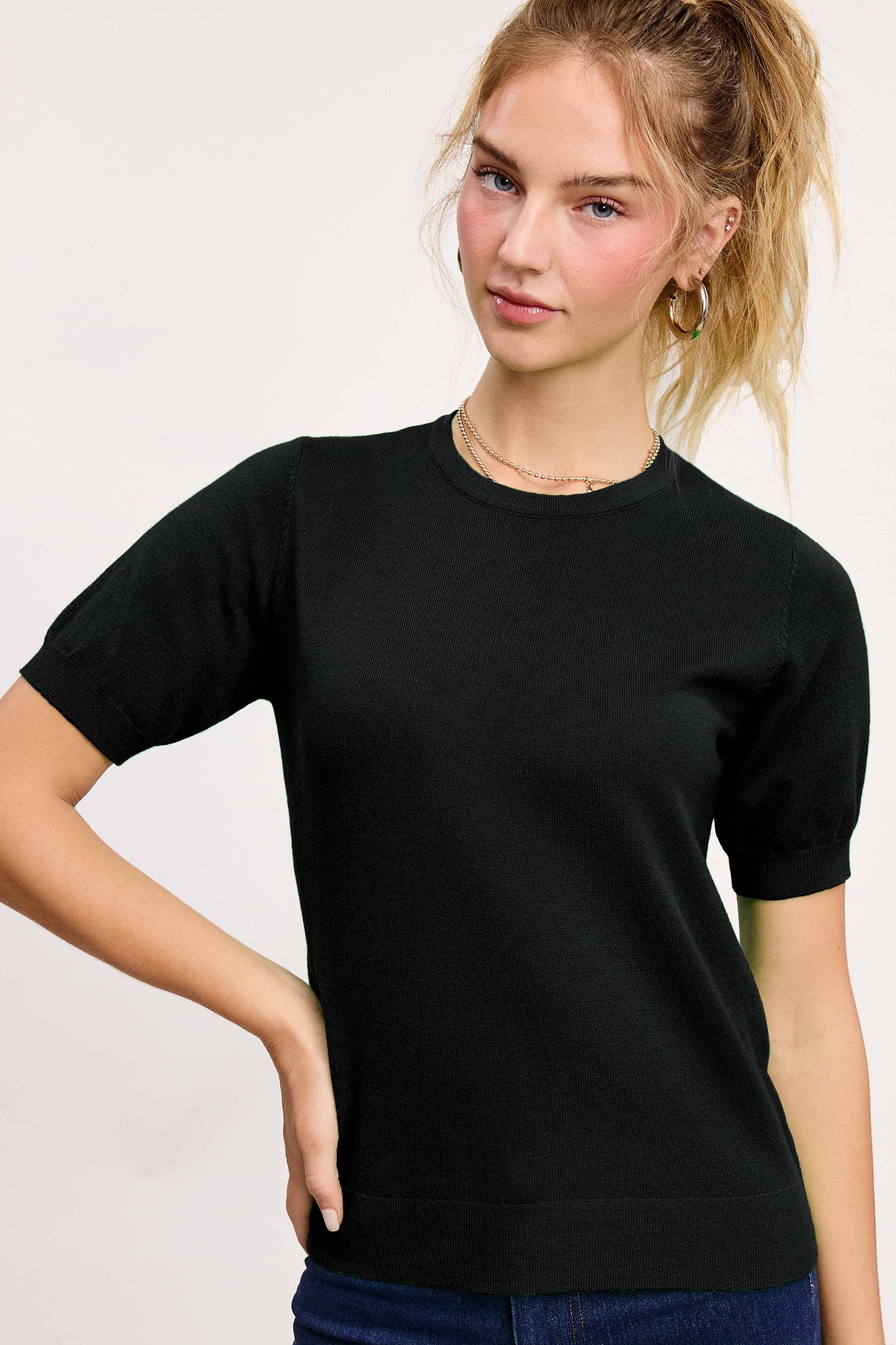 Soft Short Puffy Sleeve Basic Stretchy Knit Top MCS3600