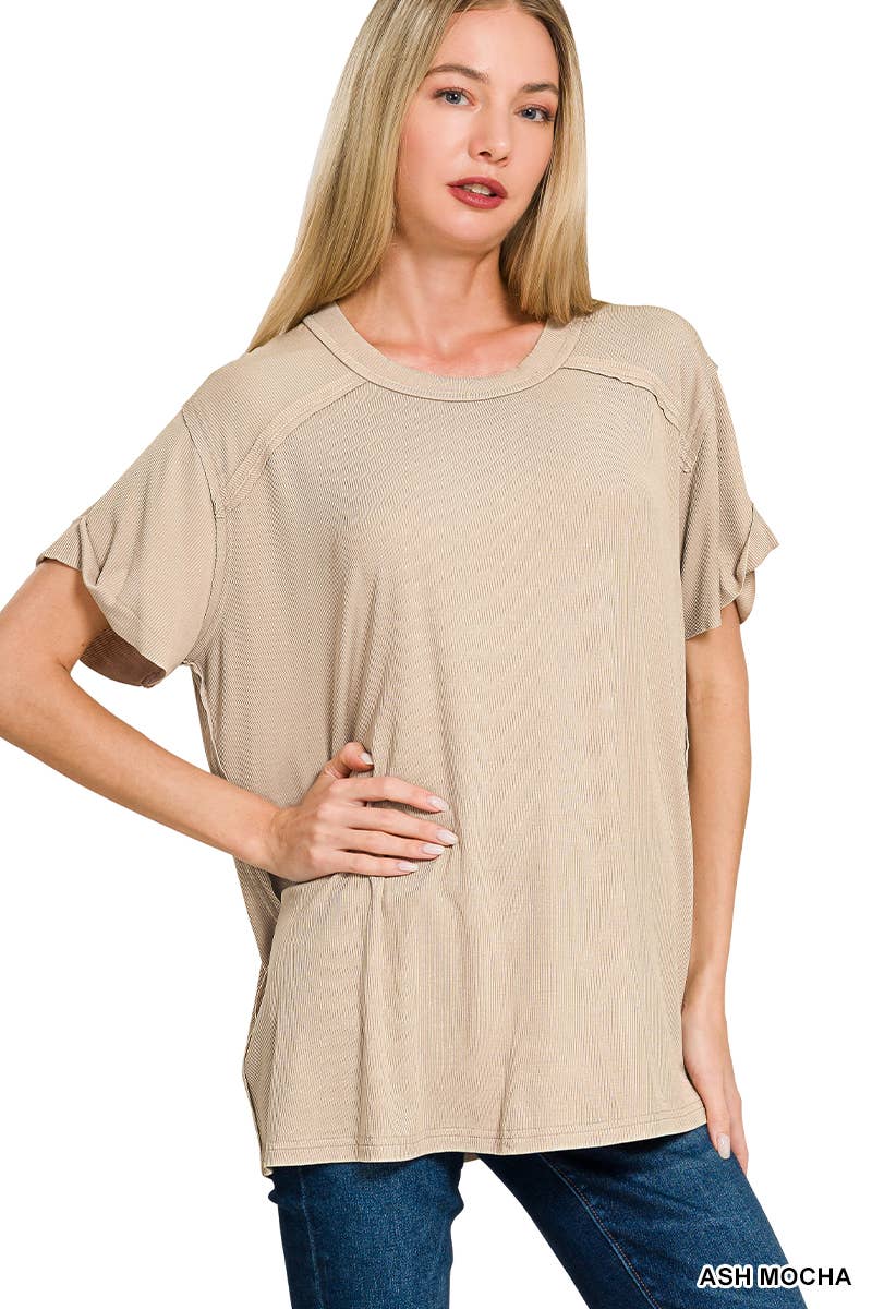 Washed Ribbed Short Sleeve Boat-neck Top 8393a