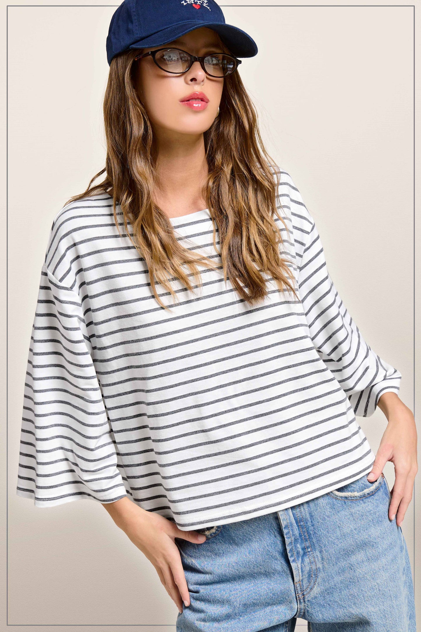 HDT7723-Striped Semi Crop Top women’s shirt with 3/4 Bell Sleeves
