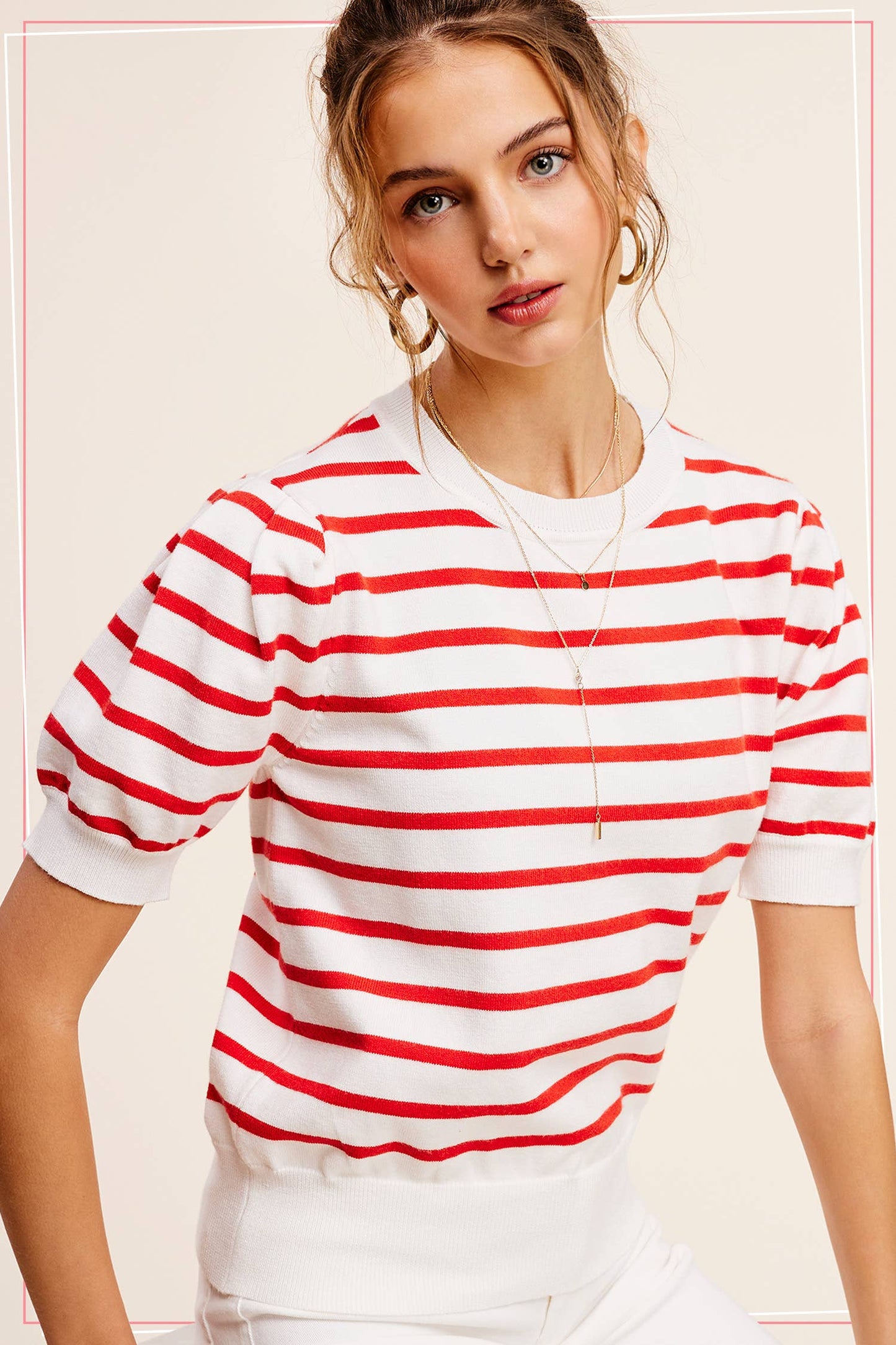 Shirts Women’s Lightweight Puff Short Sleeve Stripe Knit Top JCS3562
