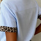 Shirts Women’s Leopard Trim Striped Button-Down Short Sleeve Shirt P-419
