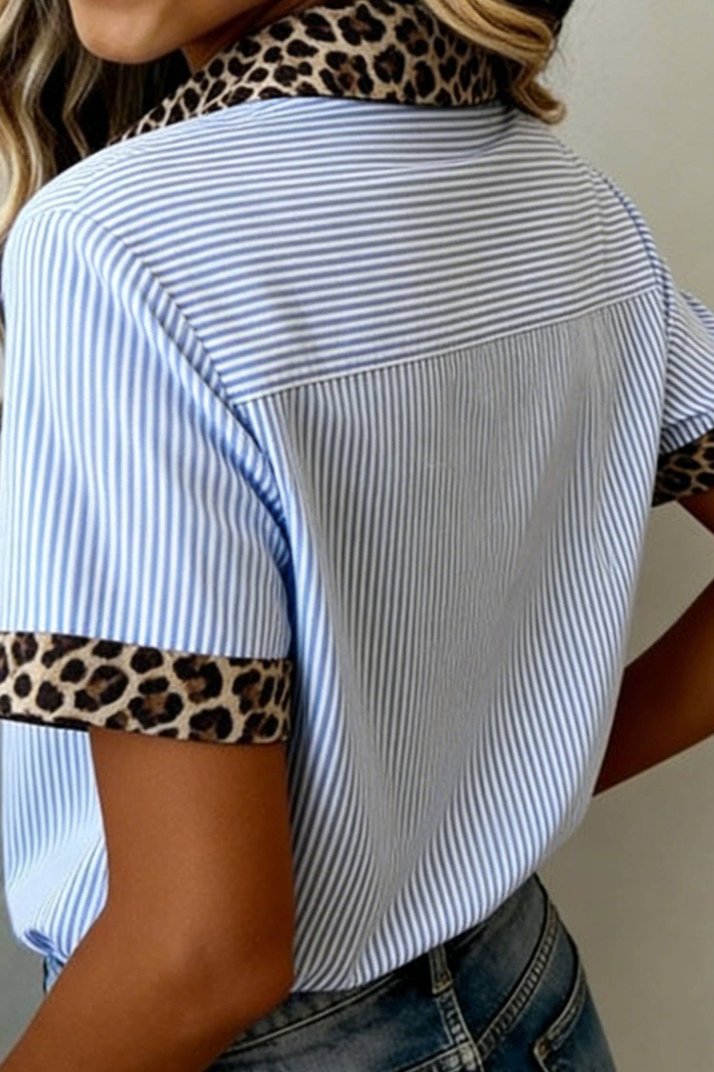 Shirts Women’s Leopard Trim Striped Button-Down Short Sleeve Shirt P-419