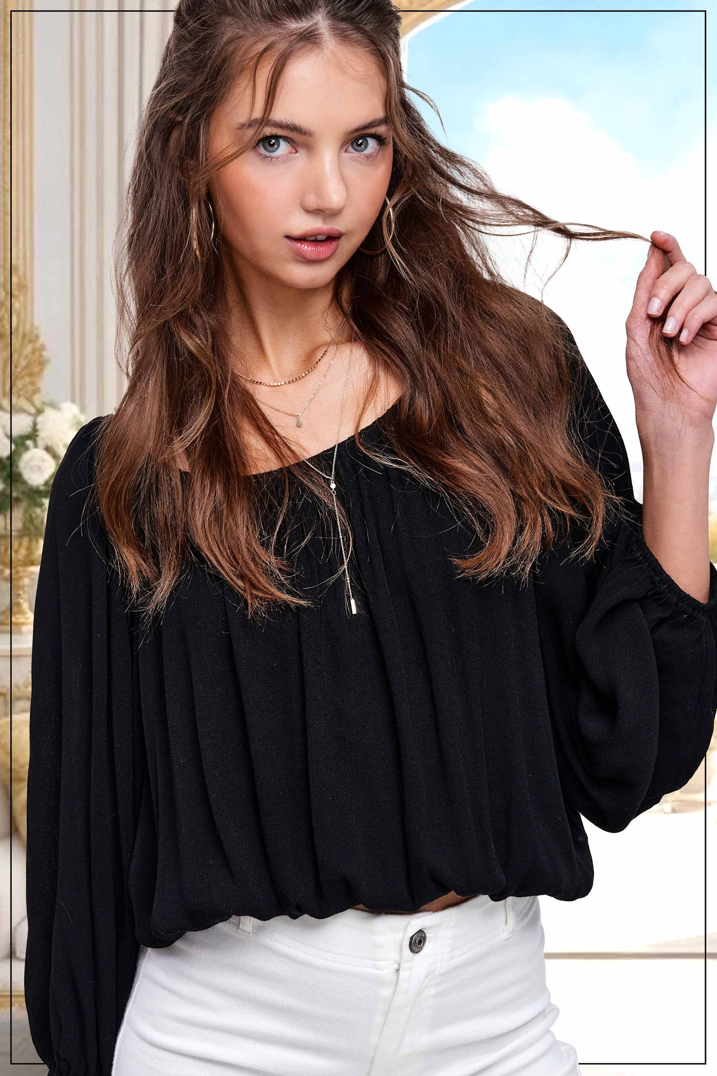 HAT7501 Breathable Fabric Off Shoulder Balloon Sleeve Top Women’s Shirts
