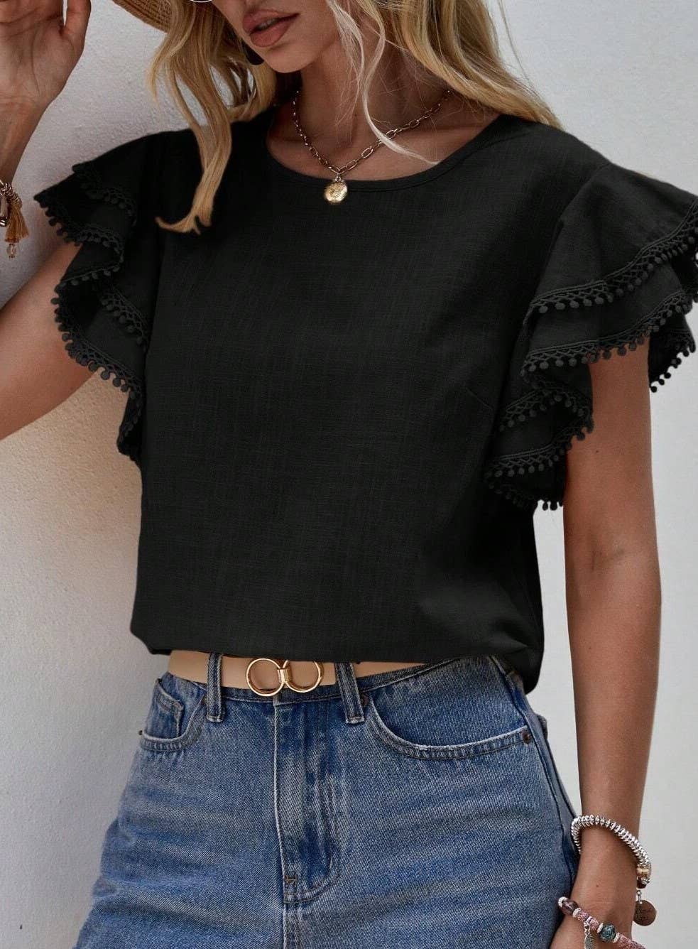 Shirts Women’s Crewneck Loose Lace Ruffle Sleeve RCXL00715