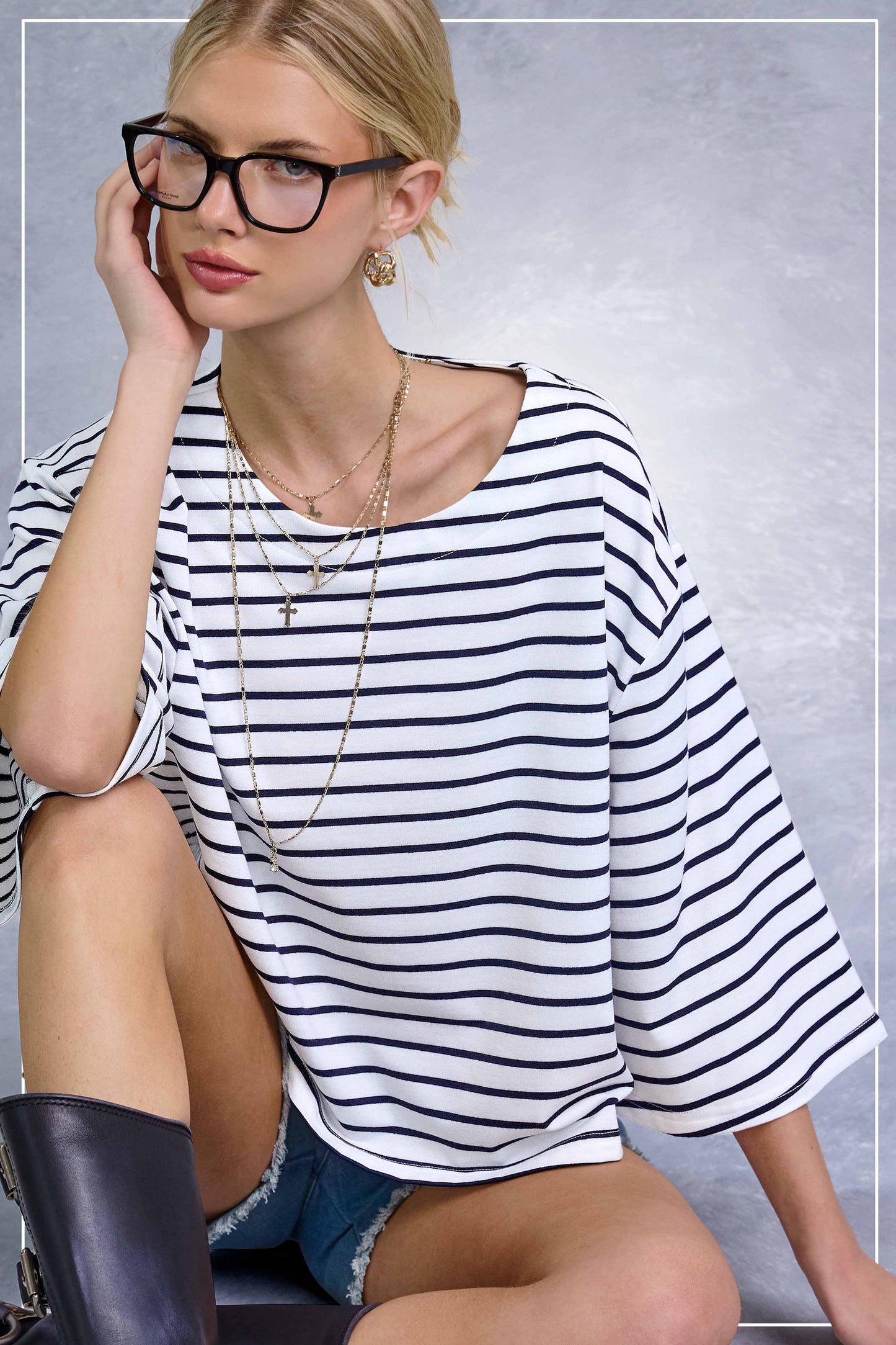 HDT7723-Striped Semi Crop Top women’s shirt with 3/4 Bell Sleeves