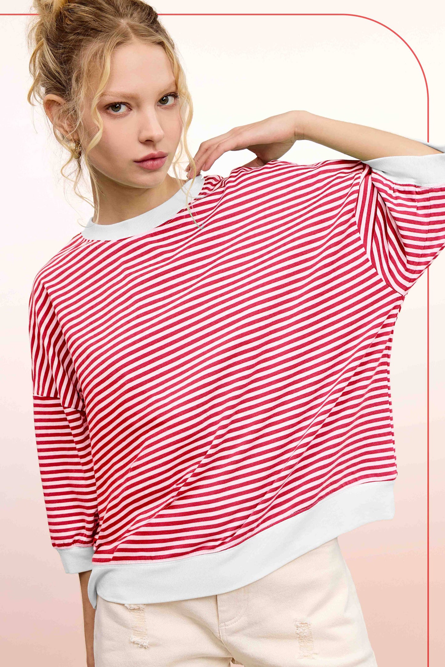 Shits Women’s Loose Fit Striped Short Sleeve Crew Neckline Top MCT7688