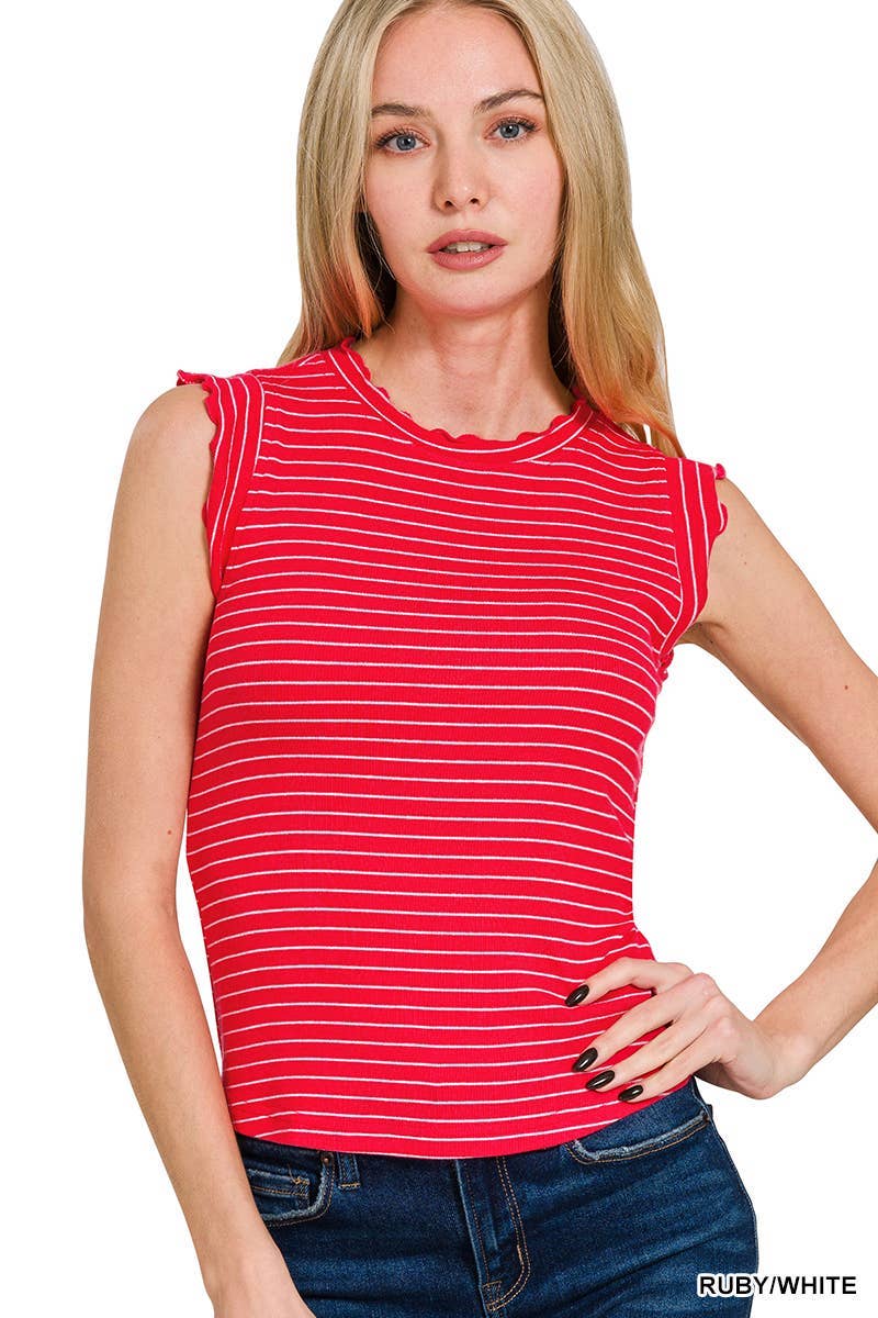 Shirts Girls / Women’s Ribbed Ruffle Trim Sleeveless Stripe Top 8529Y (similar style is Hct7692)