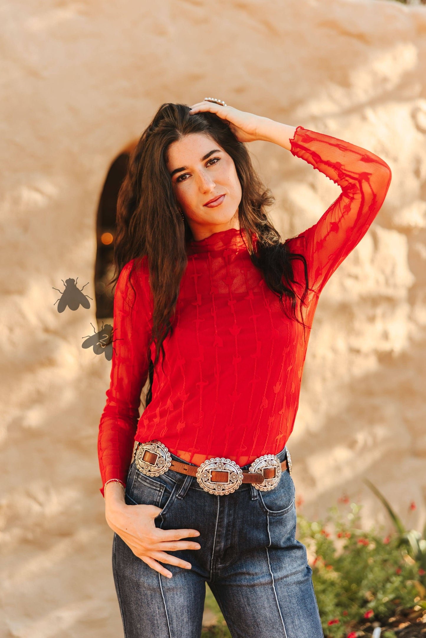 LARIAT Women’s LACE L/S *RED Mesh Top