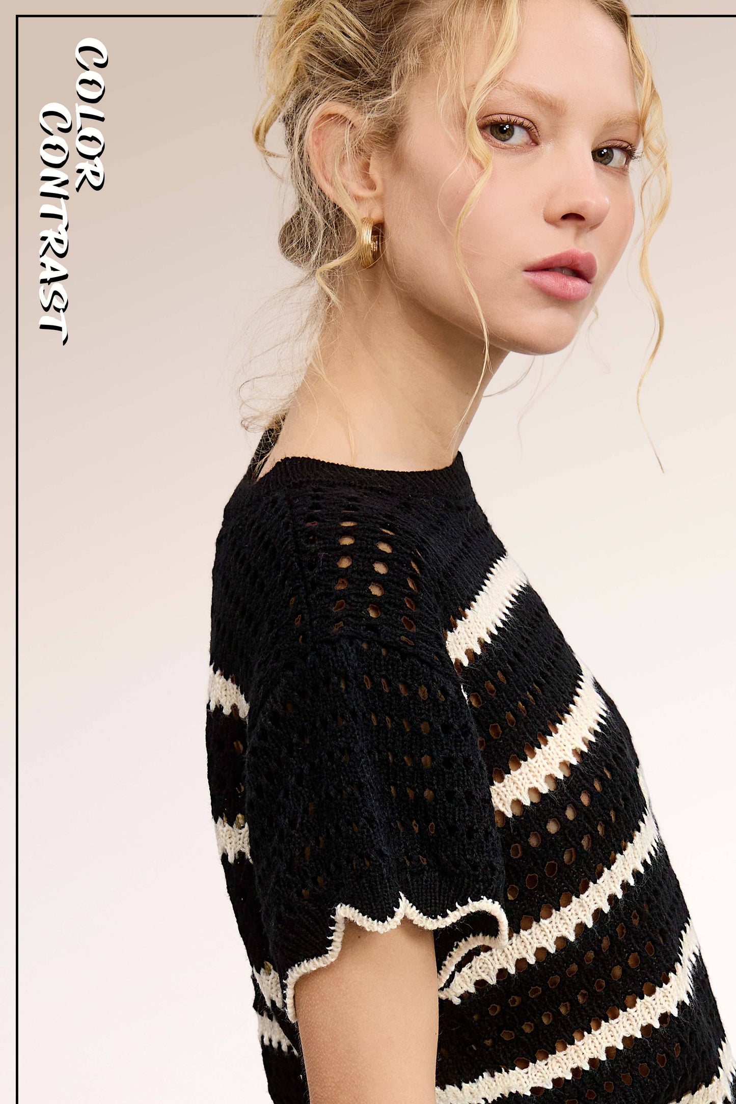 Outerwear Round Neck Scalloped Edge Short Sleeve Sweater MDS3603