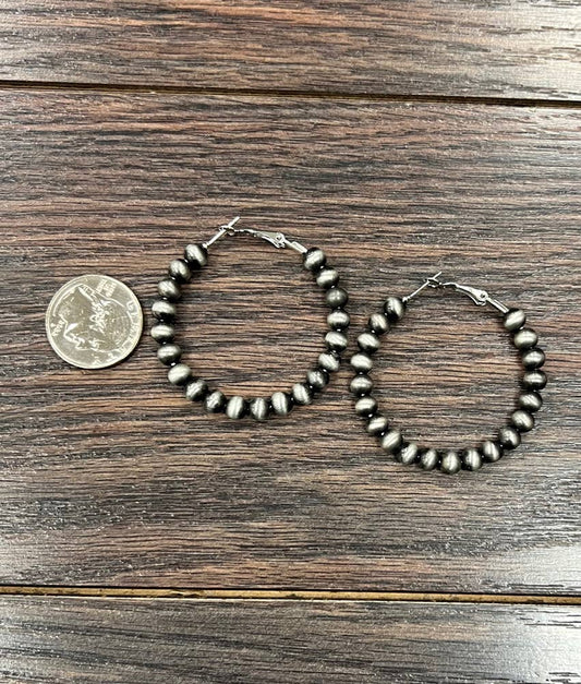 720219, Handmade 45mm Hoop, 6mm Navajo Bead Earrings