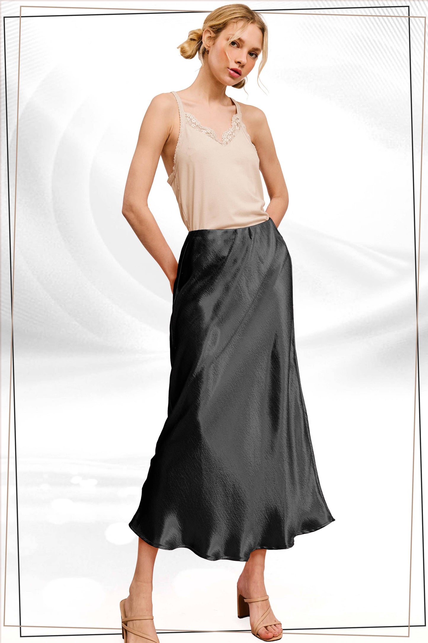 JDP4232-Dressy Satin Long Panel Silhouette Skirt
