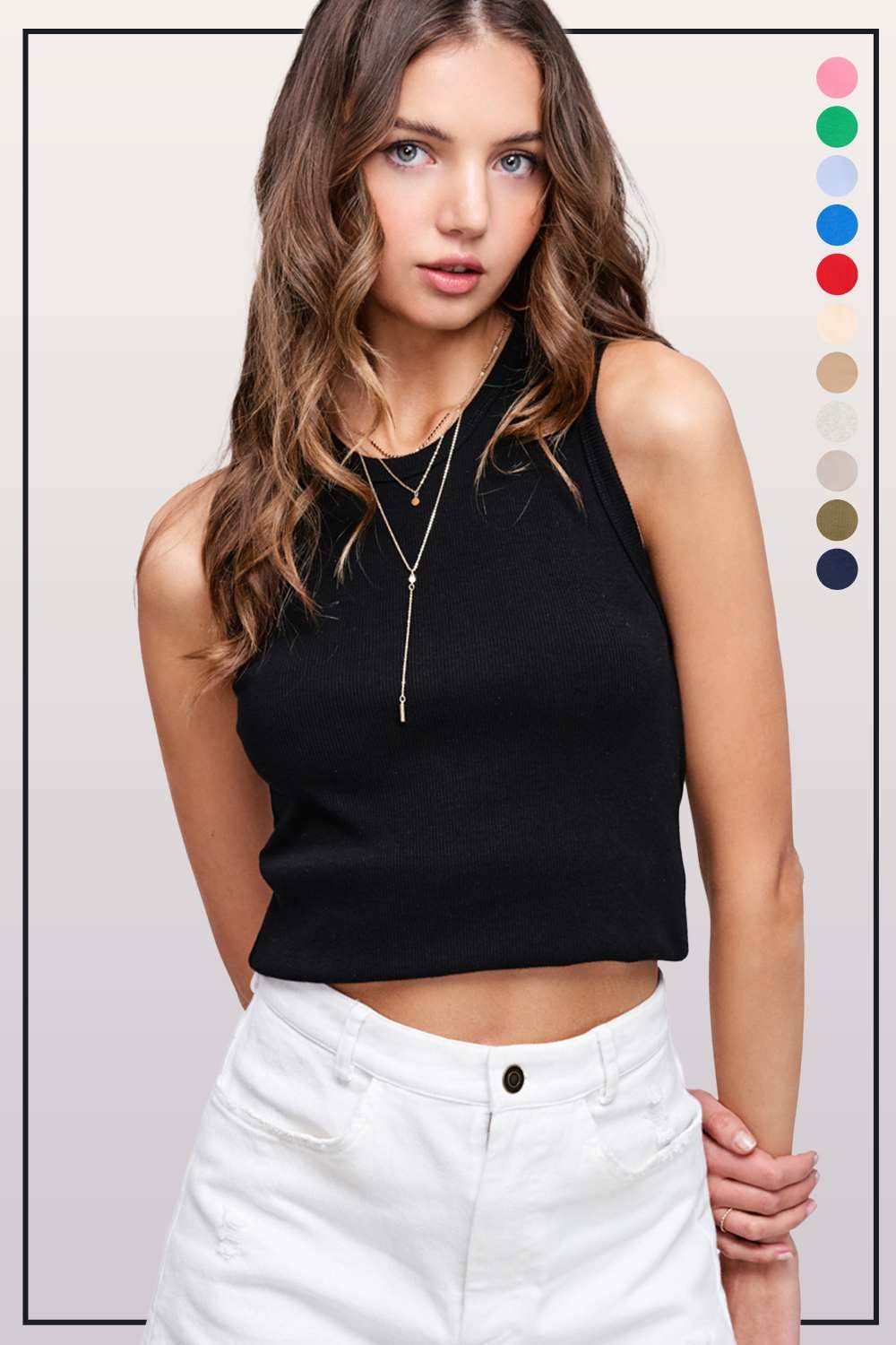 Shirts Women’s-Stretchy Basic Ribbed Sleeveless Crew Neck Tank Top HUT7340