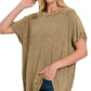Washed Ribbed Short Sleeve Boat-neck Top 8393a