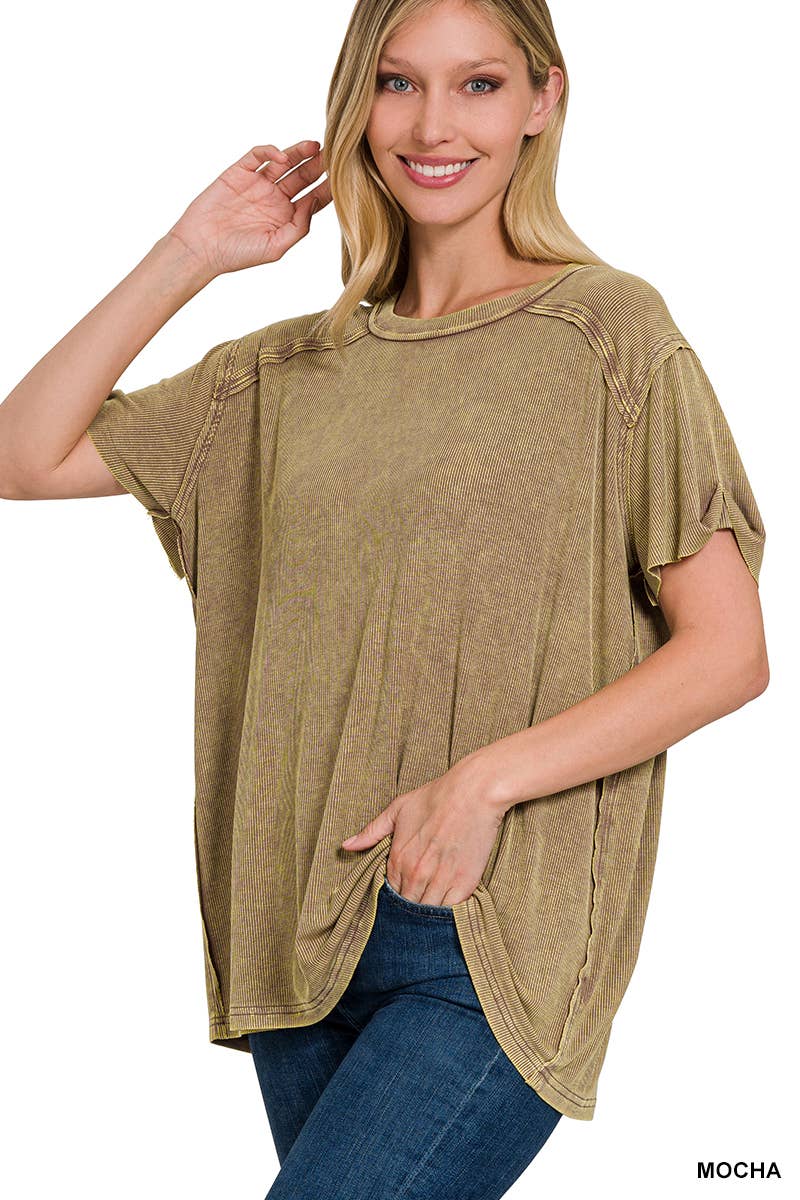 Washed Ribbed Short Sleeve Boat-neck Top 8393a
