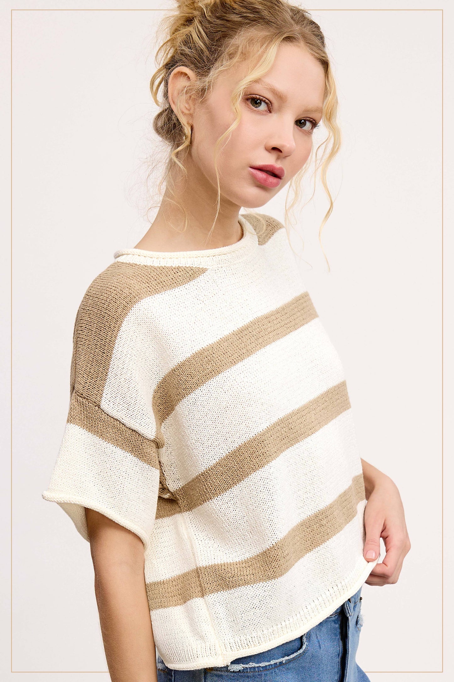 MCS3579-Boxy Silhouette Stripe Lightweight Sweater Top Outerwear Women’s
