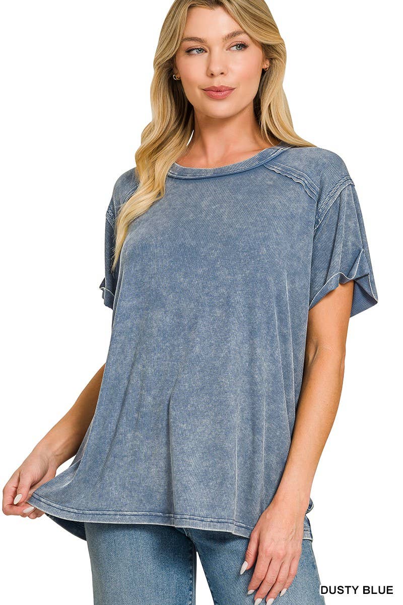 8393A Washed Ribbed Short Sleeve Boat-neck Top