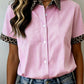 Shirts Women’s Leopard Trim Striped Button-Down Short Sleeve Shirt P-419