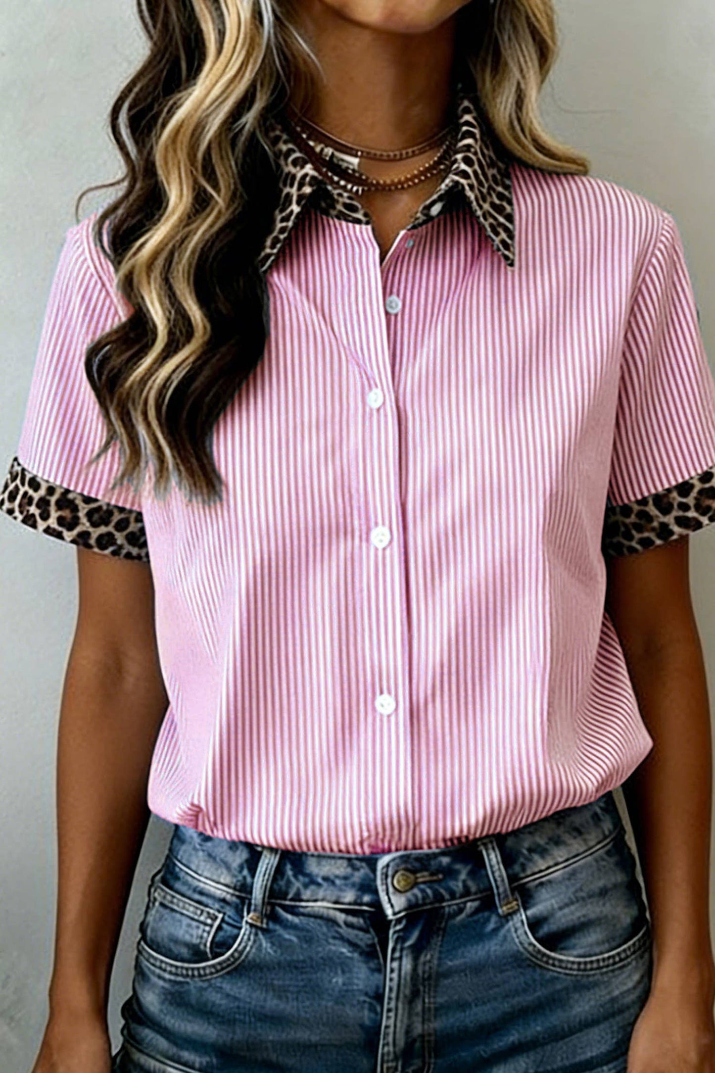 Shirts Women’s Leopard Trim Striped Button-Down Short Sleeve Shirt P-419