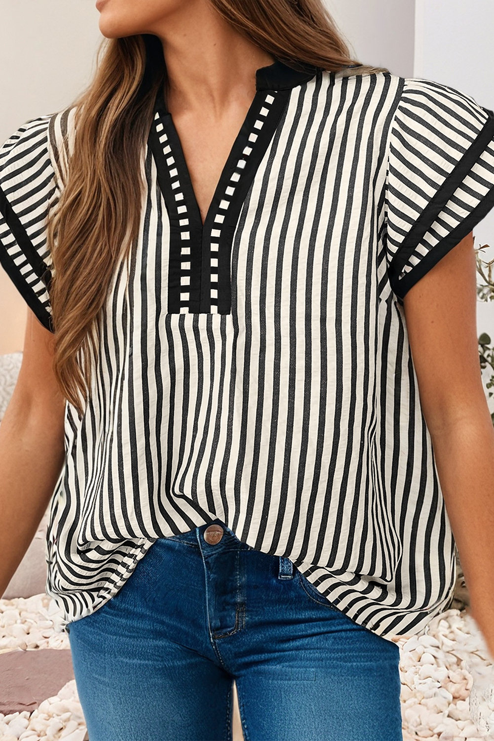 LDC Double Ruffled Short Sleeve Contrast Trim V Neck Blouse P1619