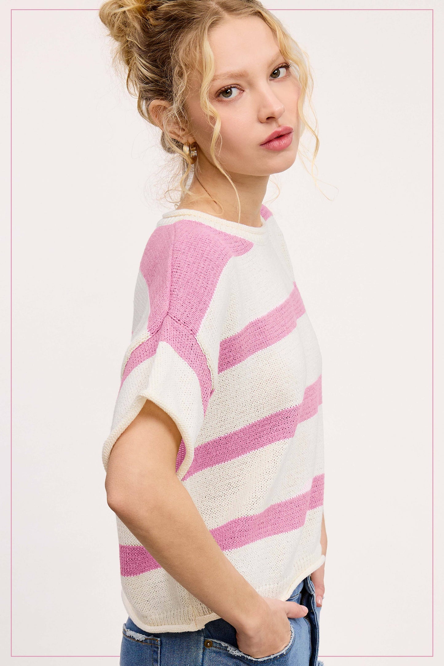 MCS3579-Boxy Silhouette Stripe Lightweight Sweater Top Outerwear Women’s
