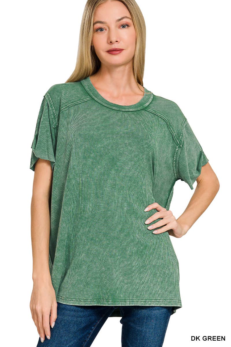 Washed Ribbed Short Sleeve Boat-neck Top 8393a