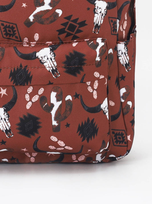 Western Cow Print Aztec Cactus Kids Brown Backpack
