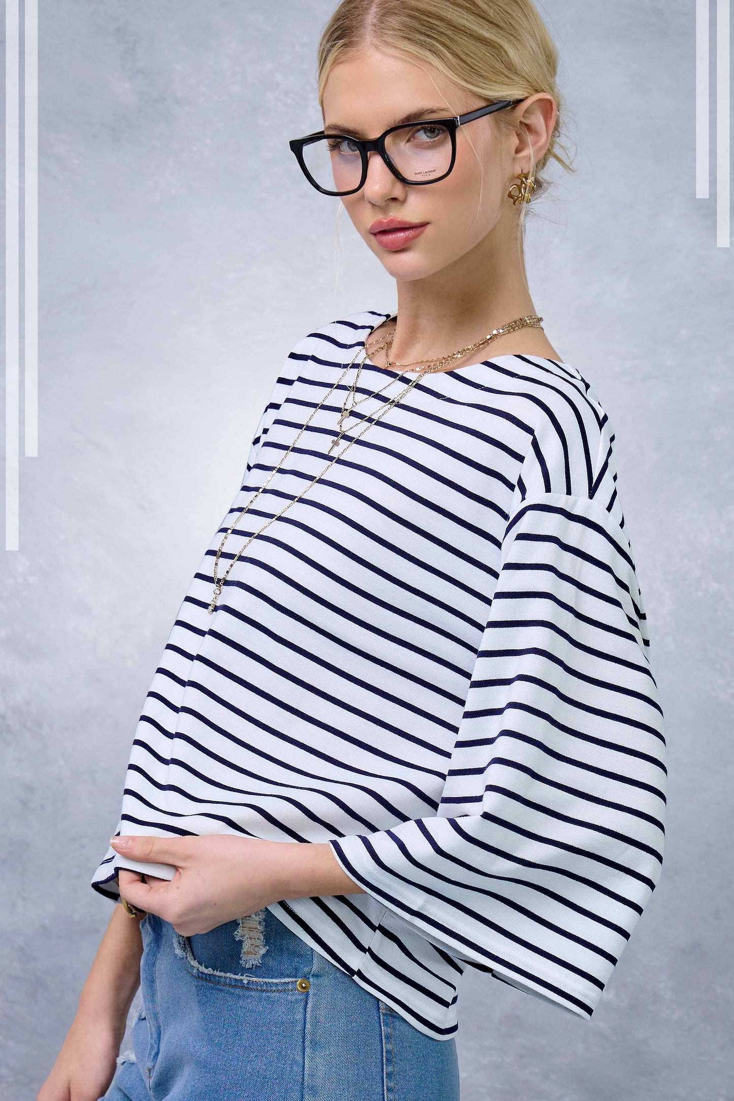 HDT7723-Striped Semi Crop Top women’s shirt with 3/4 Bell Sleeves