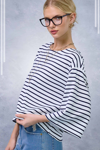 HDT7723-Striped Semi Crop Top women’s shirt with 3/4 Bell Sleeves